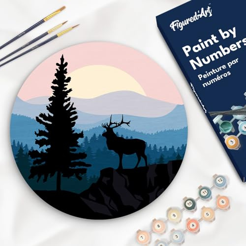 Figured'Art Malen nach Zahlen für Erwachsene auf einer Holzscheibe von 30 cm Durchmesser - Majestätischer Hirsch und Landschaft - Paint by Numbers Basteln DIY Bastelset