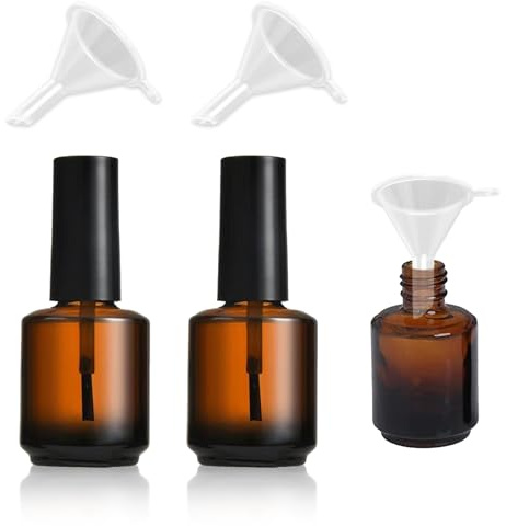 KMYZQDV 2Pcs Empty Nail Polish Bottles with Brush 15ml Bulk Mini Gel Bottle Containers for Liquid Nail Art and DIY Polish Samples Brown Glass Vials with Cap and 2pcs Funnel for Easy Filling