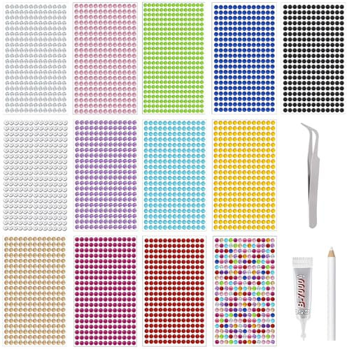 13 Sheets Rhinestone Stickers, 3380 Pcs Self Adhesive Rhinestones Crystal Gem Stickers with 1 Tweezers Glue Pen, 6mm Rhinestones for Clothes Makeup DIY Nail Crafts