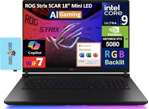 ASUS ROG Strix Scar AI Gaming Laptop 18 240Hz Mini LED WQXGA Display (Intel Ultra 9-275HX, GeForce RTX 5080 16GB, 64GB DDR5, Win 11 Pro) w/MS 365 Personal, DKZ USB Port Expander