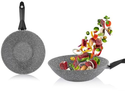 28cm Granite Non Stick Wok Pan with Lid,Induction Compatible Stir Fry Cookware,Easy Clean Bakelite Handle,Non Toxic Coating