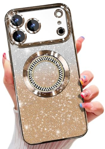Misscase for iPhone 17 Pro Max Magnetic Glitter Case,Cute Full Protection Slim Shockproof Anti-Scratch Bling Sparkly Case with Camera Lens Protector,Luxury Zirconia Inlay Design for Women Gold