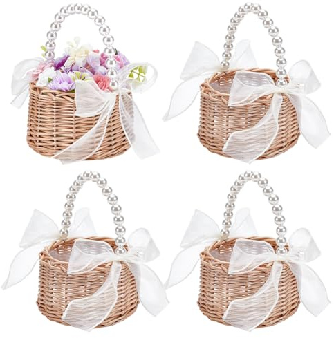 INTERWARM 6 Pcs Rattan Blumenmädchen Körbe,Korb Mit Henkel,Weidenkorb | 13,5x18,5 cm Rattan Körbe mit Perlengriff, Hochzeitskorb für Blumenmädchen, ideal für Süßigkeiten, Eier und Picknick.