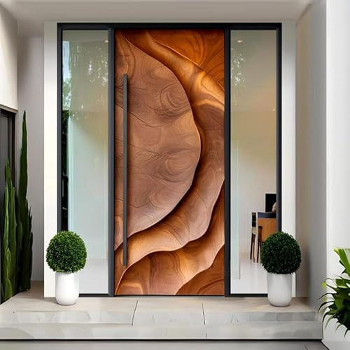Moderna puerta de entrada de aluminio con paneles de madera, diseño pivotante, marco negro con luces laterales, puerta delantera contemporánea para el hogar