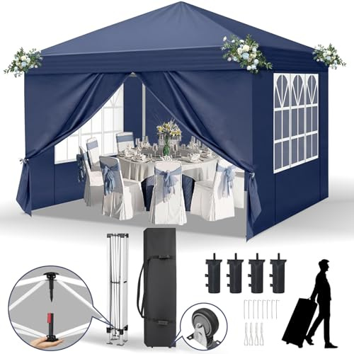 LEADZM Pavillon 3x3 m,Pop-Up Faltpavillon One-Touch,Blau | Metallrahmen,Wasserdicht UV-Schutz 50+ Stabil, Höhenverstellbar,Gartenzelt Partyzelt mit 4 Seitenteilen für Camping,Party