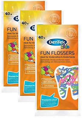 Dentek Fun Flossers Kids - Bastoncini di filo interdentale per bambini, con sapore di frutta, manico antiscivolo, colori colorati, 3 x 40 pezzi