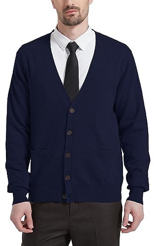 Kallspin Maglione da Uomo Cardigan con Scollo a V in Lana(Blu Navy,XXL)