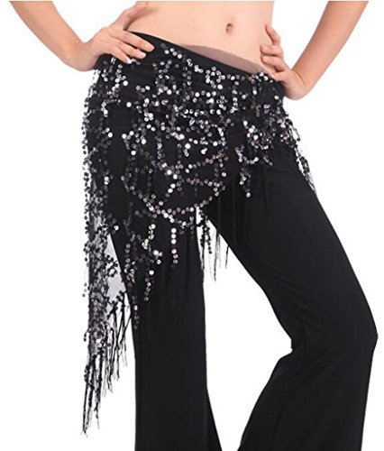 Fenteer Hüftgürtel Bauchtanz Hüfttuch Tanztücher Pailletten Gürtel Belly Dance Scarf Tuch Chiffon Schal, Silber