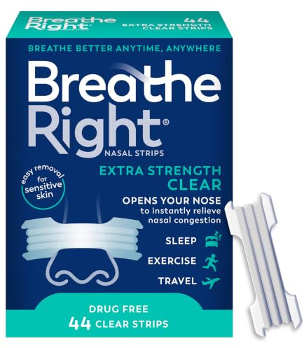 Breathe Right Nasal Strips, Extra Strength Clear Nose Strips, Drug-Free Nasal Congestion Relief for Better Breathing, Help Relieve Snoring, Caused by Colds & Allergies, Deviated Septum, 44ct