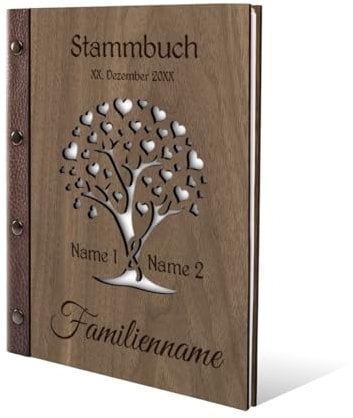 Kartenmachen.de Personalisiertes Stammbuch Hochzeit aus echtem Holz mit Leder Rücken A5 oder A4 inkl. vorgedruckten Seiten - Herzbaum