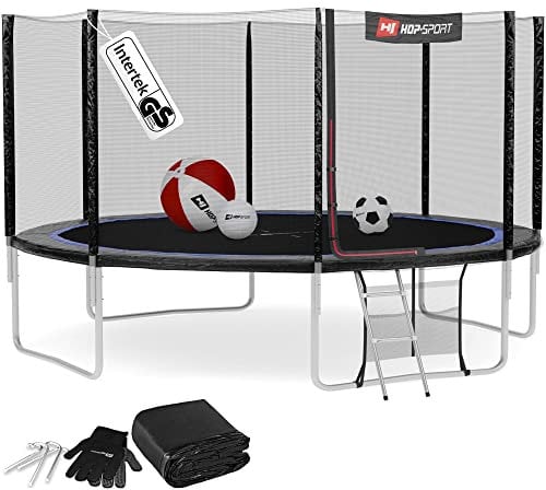 Hop-Sport Trampolin Outdoor Ø 430 cm – Gartentrampolin Komplettset mit stabilen U-Beinen, außenliegendem Netz, Sprungtuch und Leiter sowie Extra-Zubehör, schwarz/blau