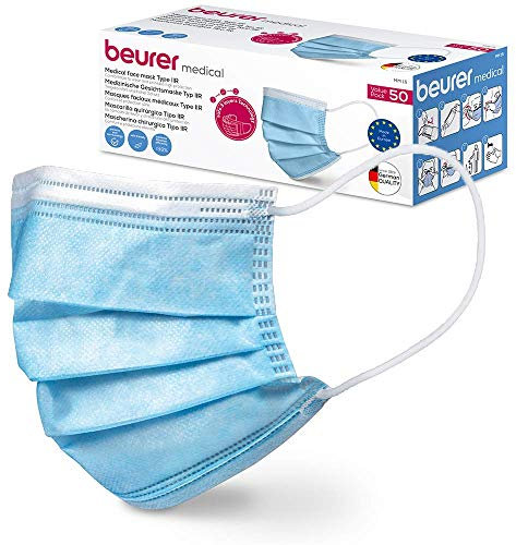 Beurer MM 15 OP-Maske Typ IIR, Made in EU, 3-lagige Medizinische Gesichtsmaske schützt Ihr Umfeld gegen Tröpfchen und Mikroorganismen, wärmeabsorbierend, 50 Stück