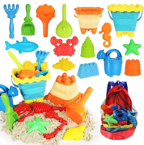 Elovien Beach Sand Toys, 24Pcs Sand Pit Toys with 2 Collapsible Buckets and Spade, Mesh Backpack Bag, Sand Molds and Watering Can, Summer Outdoor Toys for Kids Toddlers Boys Girls