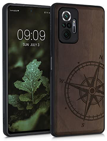 kwmobile Hülle kompatibel mit Xiaomi Redmi Note 10 Pro Hülle - Holz Case - Handy Cover - TPU Handyhülle in Dunkelbraun Kompass Vintage