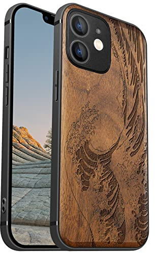 Carveit Magnetisch Hülle für iPhone 12 Mini [Elegante Walnuss] [Weich TPU Stoßstange] Stoßfeste Handyhülle Kompatibel mit 12mini Magsafe Hülle Holz （Die große Welle vor Kanagawa）