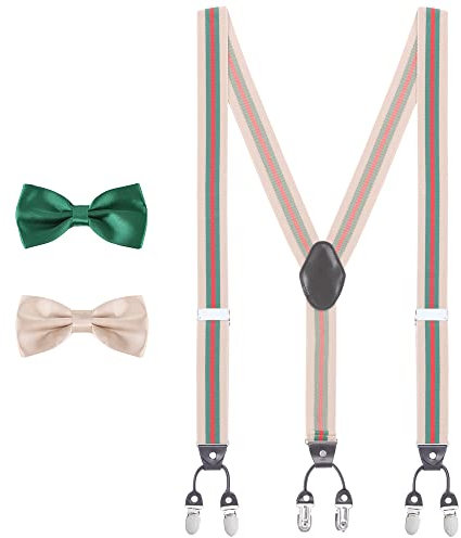 WANYING Herren Y-Form 6 Clips Hosenträger & zwei Fliegen 3 in 1 Set|3,5cm Breit Verlängerte Hosenträger für Körpergröße 170-200cm - Gestreift Beige Rot Dunkelgrün