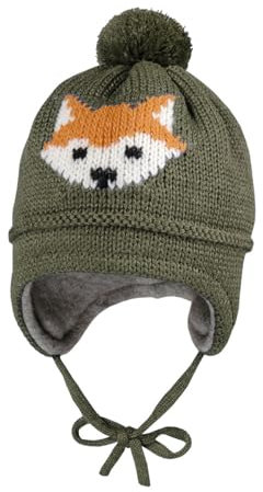 maximo Mini Boy-Mütze, Intarsie Fuchs ausgenäht, Pompon, Futter Made in Germany 45 anismeliert