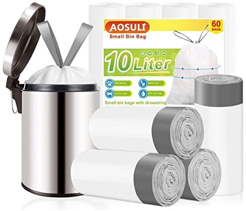 Bolsas de Basura de 10 Litros Con Cordón y Asa de Corbata - Para Cubo de Baño y Papelera de Oficina (60 Forros, Blanco)