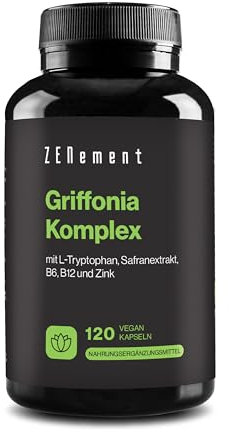 Griffonia Alto Dosaggio 600 mg - con L-Triptófano, Estratto di Zafferano, B6, B12 e Zinco - Vegano, Integratore senza Additivi non Necessari - Testato in laboratorio - Zenement