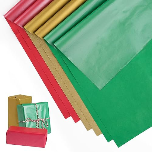 60 Blatt Weihnachts-Seidenpapier, 35 x 50 cm, Weihnachtspapier, Seidenpapier, bunte Verpackung, Seidenpapier für Weihnachten, DIY und kreative Hobbys (Rot, Gold und Grün)