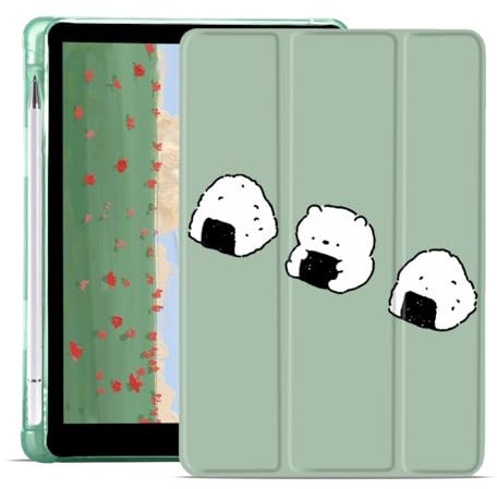 JOYLAND Rice Ball Bear Pad Hülle für iPad 9. / 7. / 8. Generation mit Stifthalter, automatische Wake/Sleep-Funktion, faltbar, für iPad 2021/2020/2019, transparente TPU-Smart-Ständer, Rückabdeckung für