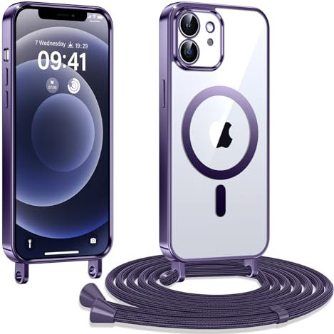 Kokio Handykette Hülle für iPhone 12/ iPhone 12 pro mit Band, Magnetische Transparent Handyhülle Kompatibel mit MagSafe, Kratzfeste Stossfest Schutzhülle mit Einstellbar Kette,Lila
