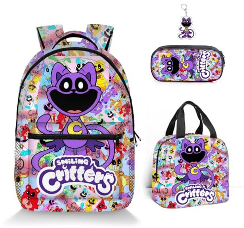 3 mochilas de anime sonriente con llavero, mochilas de viaje ligeras impresas en 3D de 16 pulgadas, mochilas escolares con lonchera y estuche., B, 16in