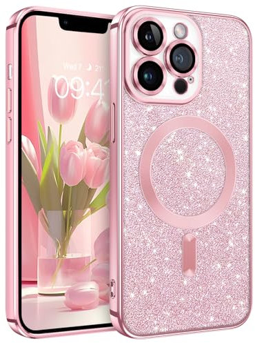 DOMAVER Case for iPhone 13 Pro [Compatible with mag-safe], Magnetic Case for Women Girls Cute Glitter Bling Camera Lens Protection Shockproof Luxury Cover for iPhone 13 Pro 6.1'',Pink
