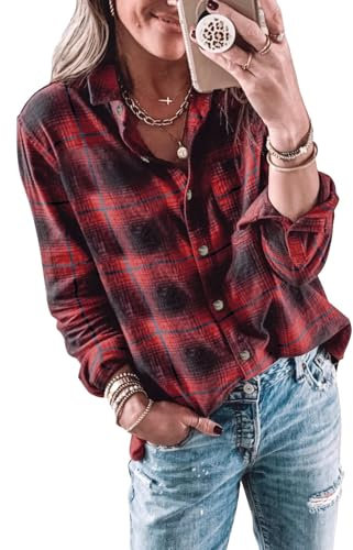Imily Bela Chemisier à carreaux pour femme - Chemisier long décontracté à manches longues - Chemise en flanelle - Chemise à carreaux - Boutons - Manches longues, rouge, M
