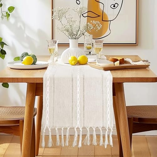 wiipara Makramee Tischläufer Beige Boho Table Runner, 33x183cm, Landhausstil Tischdeko, Tischläufer mit Quasten für Geburtstag Party Hochzeit Küche Dekoration, Tischdecke, Weihnachtsläufer