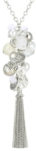 Bulinlin Silber Lange Kette Damen Silber Anhänger Kette mit Quasten Modeschmuck Kette Lang Geburtstagsgeschenk für Frauen(White)