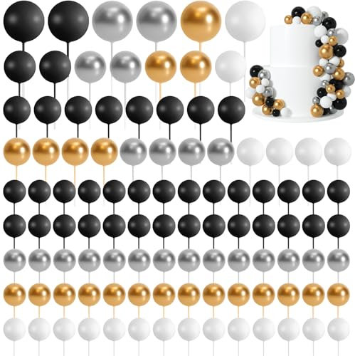 Morcheiong 114 Pcs Balloon Cake Decorations and Topper Balls - Insert Picks for Birthday Party Wedding Anniversary (Black, Silver, Gold)