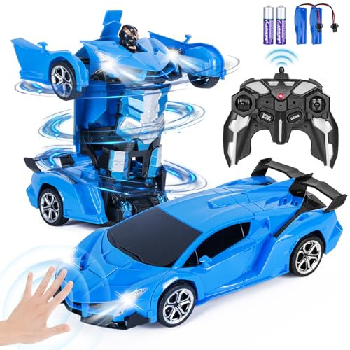 Highttoy Ferngesteuertes Roboter Auto mit Gestenerfassung, Licht und Musik, 2.4GHz 360° Drehung 1:18 Transformator RC Auto Roboter Kinder Spielzeug ab 3 4 5 6 7 8 Jahre Jungen Geschenk, Blau