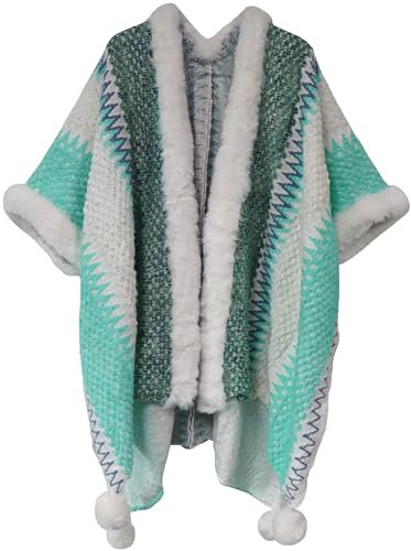 Miaikvs Poncho à Rayures colorées Vintage Style Ethnique pour Femme - Châle en Tricot - Cardigan Ouvert sur Le Devant pour Femme(Blanc&Vert)