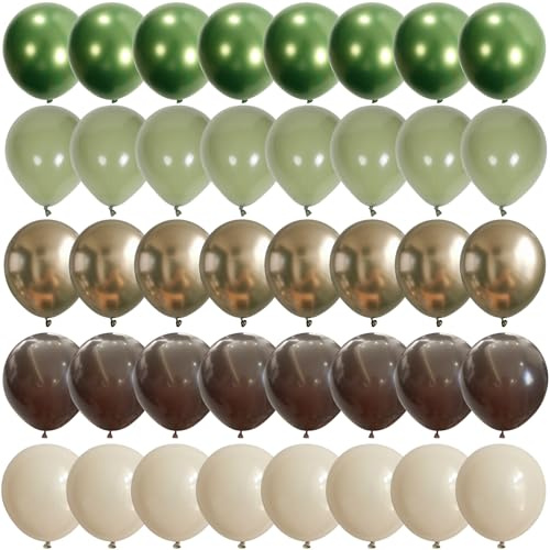 Sage Green Brown Safari Balloons, 60PCS Dusty Olive Green Coffee Beige Metallic Gold Eucalyptus Latex Balloon, Camo Army Hunting Balloons for Woodland Baby Shower Birthday Party Decorations Supplies