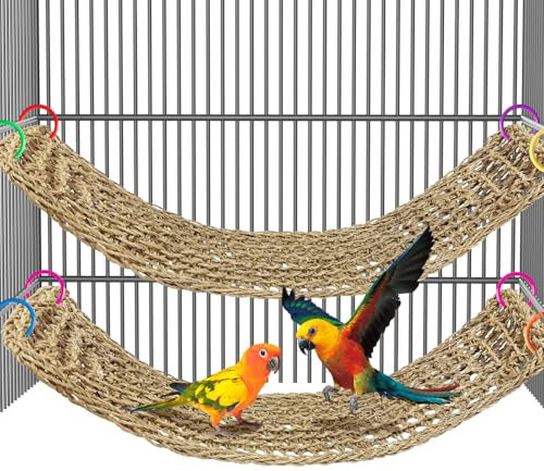 Arfubye 2Pcs 29.5 x 7 inches Large Bird Seagrass Mat Grass Woven Net Parrot Hammock Mat Parakeet Climbing Rope Ladder with Hooks Bird Cage Accessories for Conure Cockatiel Budgie Macaw Bearded Dragon