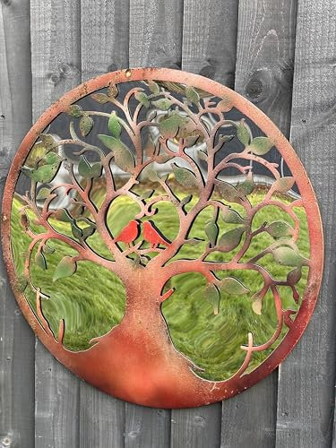 Round Metal Garden Wall Art, Tree of Life Design, Copper-Look Finish, Decorative Outdoor acrylic Mirror, 60cm
