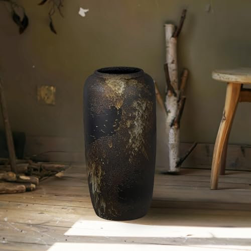 JIDOFUE Vintage Keramik Schwarz Bodenvase, 40cm, Rustikaler Boho Stil für Pampasgras, Blumen oder Dekor, Perfekt für Wohnzimmer, Eingang oder Tisch