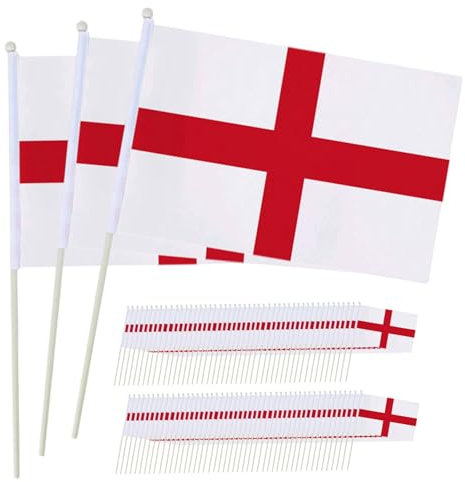 CUCUFA England Flag, 100pcs Mini Hand Hold Flags, 5, 5 x 8, 3 Zoll Handheld Polyester Englische Flagge auf Stöcken, englische Nationalflaggen