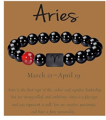 QSMGD Sternzeichen Armband Damen und Herren,Freundschaftsarmbänder 8mm10mm Natürlicher schwarzer Onyx -Stein Konstellation Geschenke (Aries, 10mm Perlen-(Geeignet für Handgelenke:16-19cm))