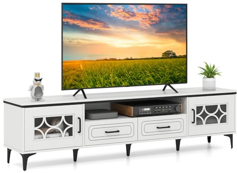 COSTWAY Mobile TV in Legno 180 cm fino a 80, con 2 Cassetti (Bianco) | Mobile Porta TV con 2 Armadi e Scomparto, 7 Gambe Metalliche Rialzate, Consolle Media per Soggiorno