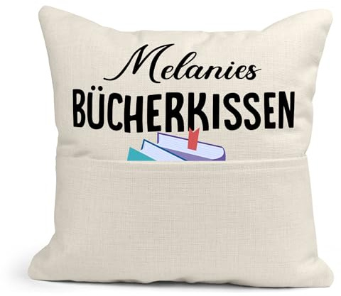 22Feels Personalisiertes Bücher-Kissen mit Tasche zum Befüllen Mädchen Frauen Geschenk mit Name Lustig Sofa Deko Couch Bett Innen Dekoration (Beige, 40x40cm)