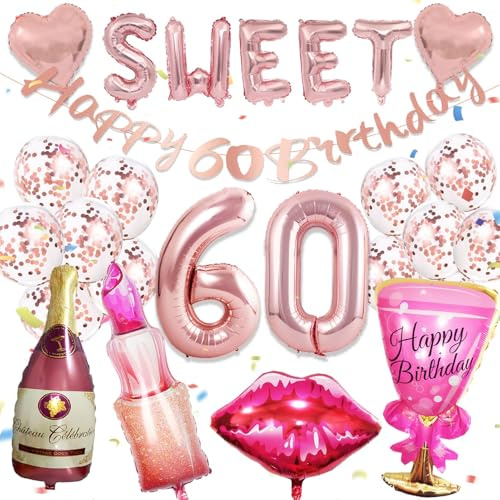 21 Stück 60. Geburtstag Deko Roségold, Deko 60 Geburtstag Frau | Sweet 60 DeKo, Luftballon 60. GeBurtstag Rosegold, Liebesherz, Lippenstiftballon, Sweet 60. GEburtstag Frauen