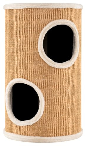 GYMAX Tonneau à Gratter pour Chat 60cm avec 2 Cachettes, Tour à Griffer Chat avec Perchoir en Peluche, Griffoir en Sisal, Entrées, Meuble Colonne pour Chatons, Ø 36 cm