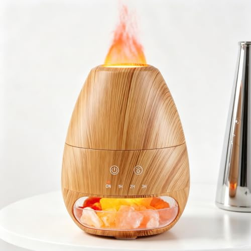 Diffuseur d'huiles Essentielles avec Lumière Effet Flamme et Lampe de Sel de l'Himalaya Humidificateur Ultrasonique Diffuseur d'aromathérapie Arrêt Automatique pour la Maison Bureau Cadeau