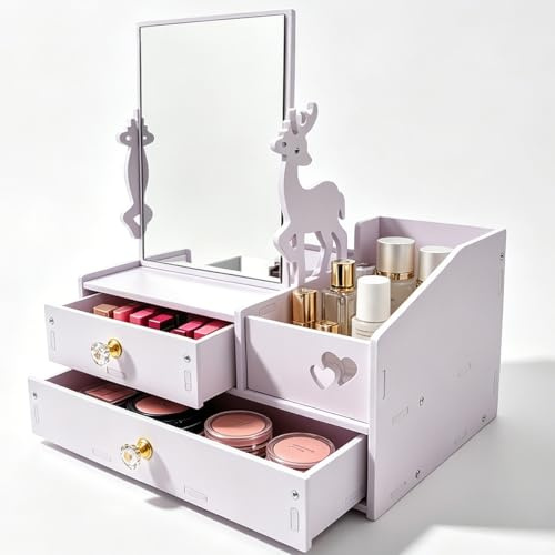 Dtenlur Organizer Trucchi Multifunzionale con Specchio Quadrato, Grande Organizzatore Cosmetici con Cassetti, Porta Trucchi da Scrivania, Portatrucchi per Gioielli, Spazzole, Rossetto e Creme- Bianco