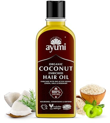 Ayumi Organic Coconut Oil, 150 ml | Organic Coconut Hair Oil for Hair Loss | Amla Hair Oil for Dry Damaged Hair Treatment | Rosemary Hair Growth Oil for Shine | Nourishing Frizz EaseOil with Henna