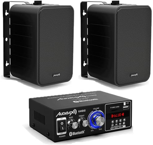 Audibax Equipo HiFi Bluetooth Kansas 40+40W + Altavoces Estantería PR-42B con Soportes de Pared