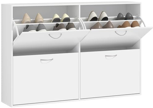 HOMCOM Schuhkipper Schuhschrank Schuhständer Schuhregal mit 4 Klappen 16–24 Paar Weiß 120 x 24 x 81 cm