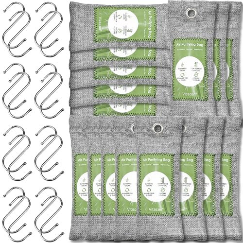 Lot de 12 sacs de charbon de bambou pour purifier l'air, absorbe les odeurs, absorbe l'humidité, désodorisant naturel pour voiture, désodorisant chaussures (Gris vert, Petit paquet de 16)